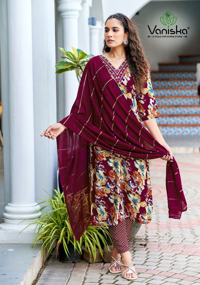 Sitara Vol 1 By Vaniska Rayon Foil Printed Kurti With Bottom Dupatta Wholesale Shop In Surat
